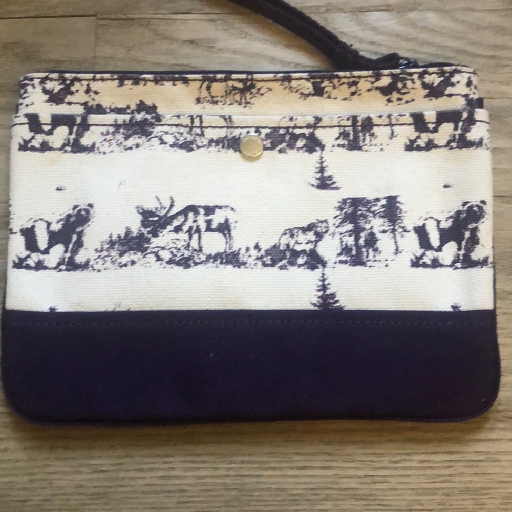 Lands’ End Purple Canvas Zipper Pouch with Outdoor Scenes Bear/Elk/Moose/Wolf